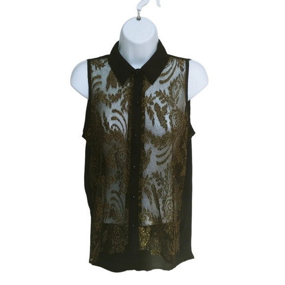 Sheer Black and Gold Sleeveless Button Down Blouse S - Picture 1 of 6